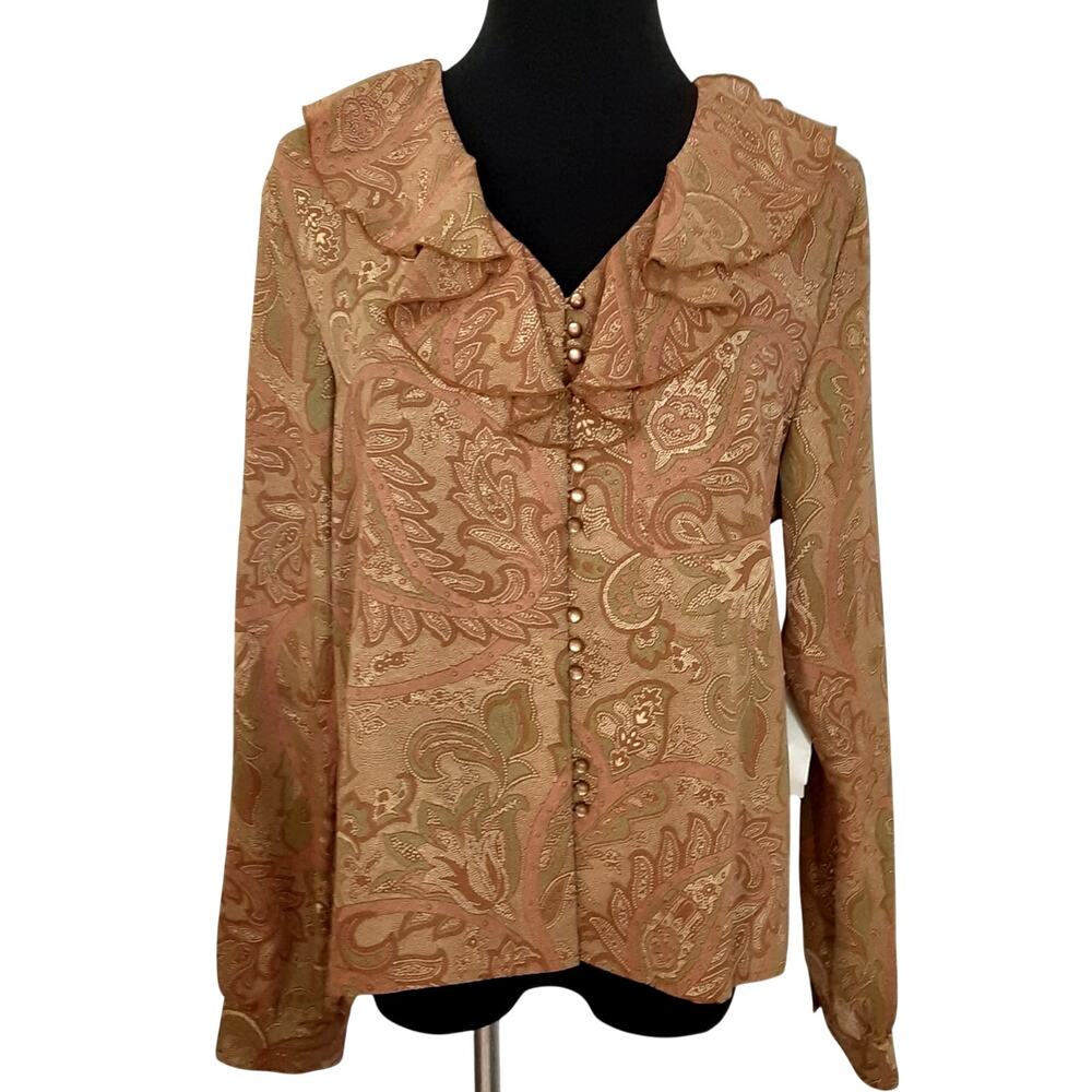 Vintage Prairie Collar Ruffle Blouse Button Up Paisley 70s Hippie Gypsy Sz 14P